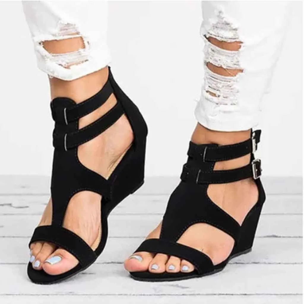 WOMANS LADIES BLACK WEDGE SUMMER SANDALS