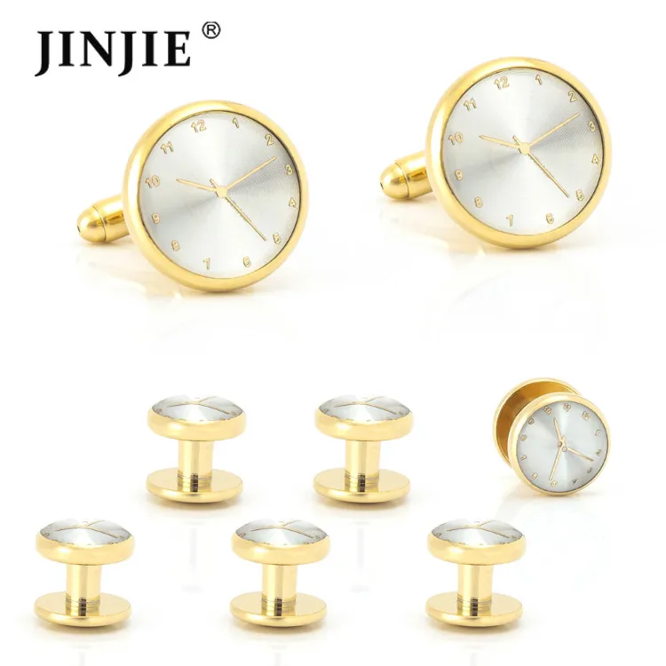 Best new design wedding tuxedo cuff studs and gold and blue watch cufflinks gift set for men
