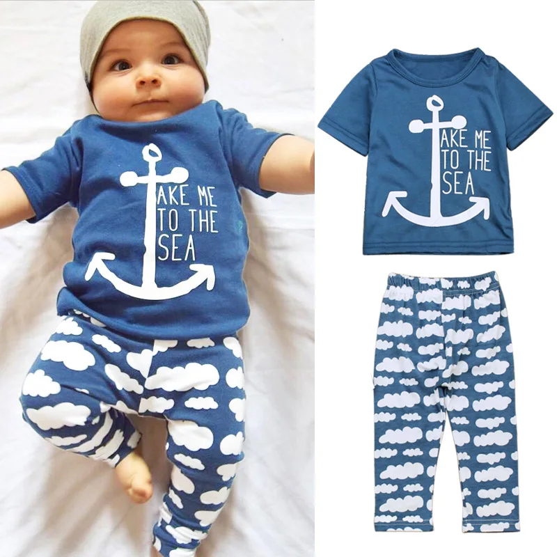

Hot Baby Boys Anchor Clothes Sets Kids Short Sleeve Letter T Shirt+Clouds Long Pants 2 Pcs Newborn Baby Clothing 0-24M