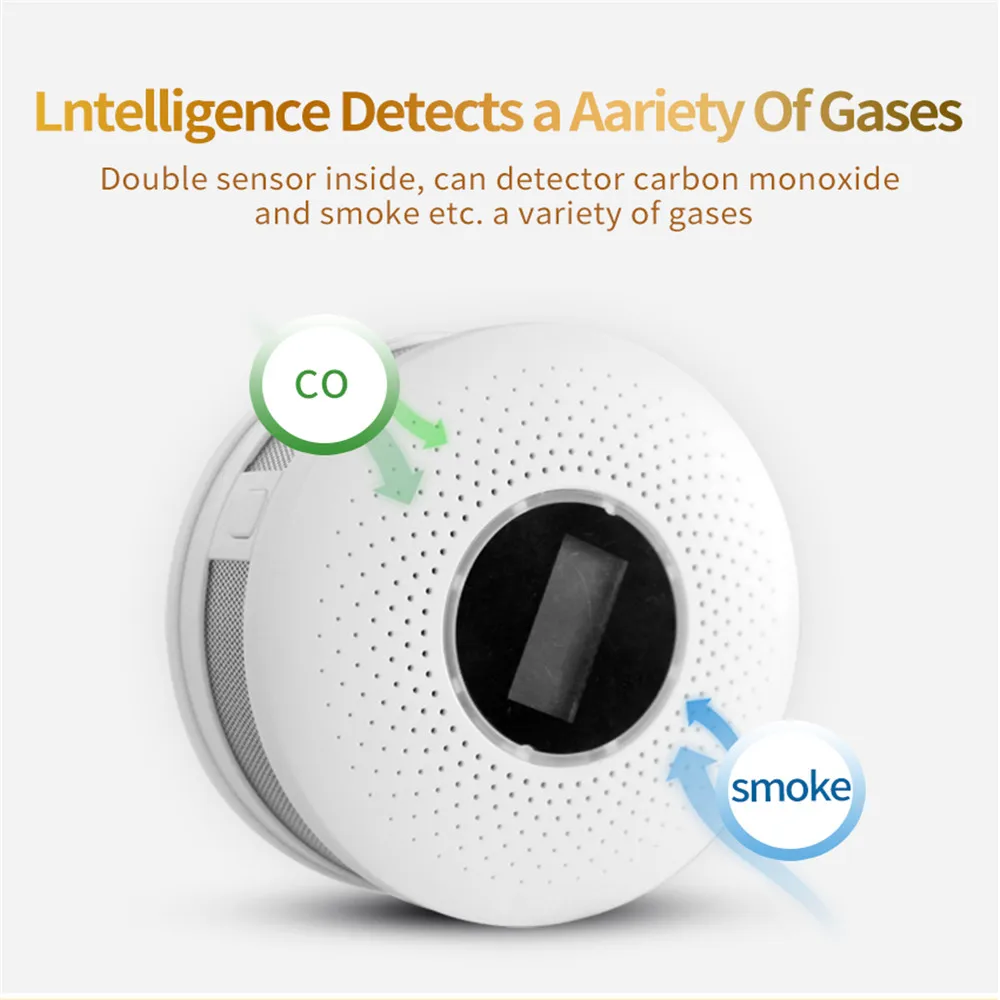 2 в 1 светодиодный цифровой датчик газа, дыма сигнализация детектор угарного газа голос предупредить Сенсор защиты безопасности дома Высокочувствительный