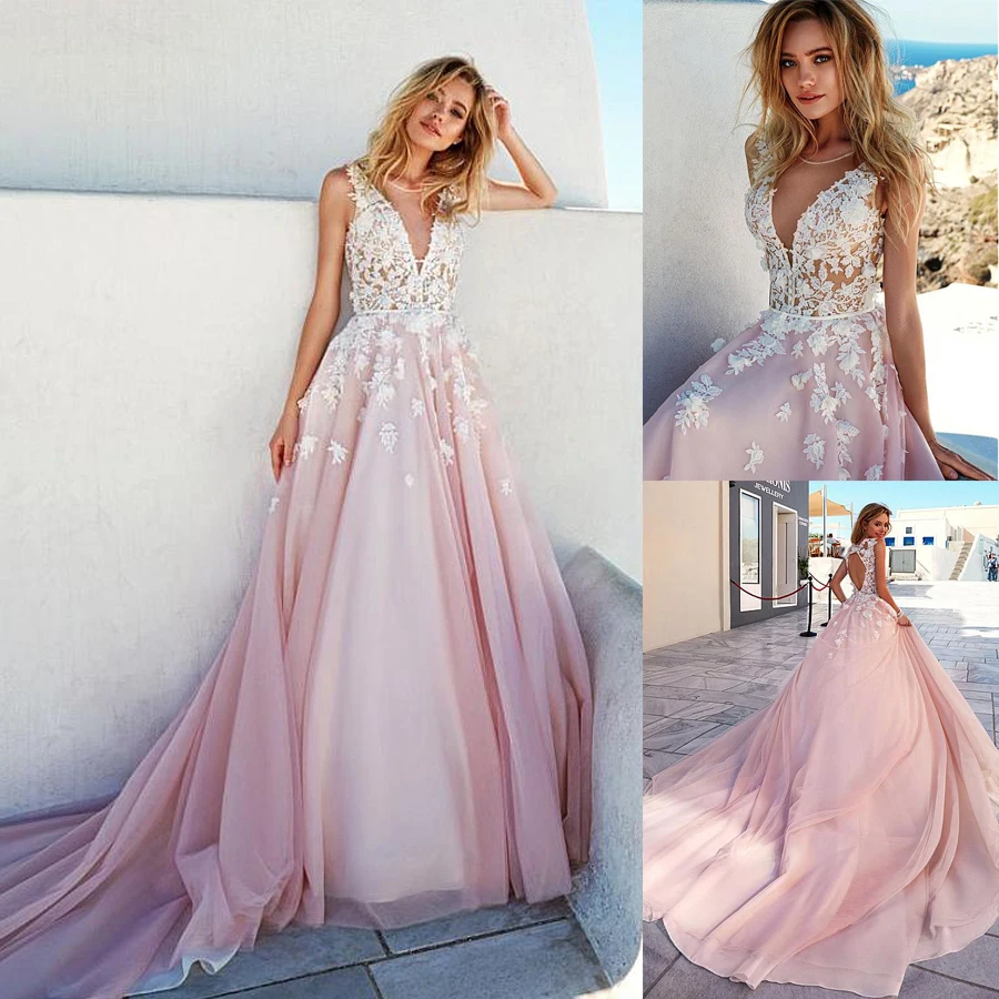 

Romantic V-Neckline A-Line Wedding Dresses With Lace Beaded Handmade Flowers Cutout Open Back Long Train Pink Bridal Dress