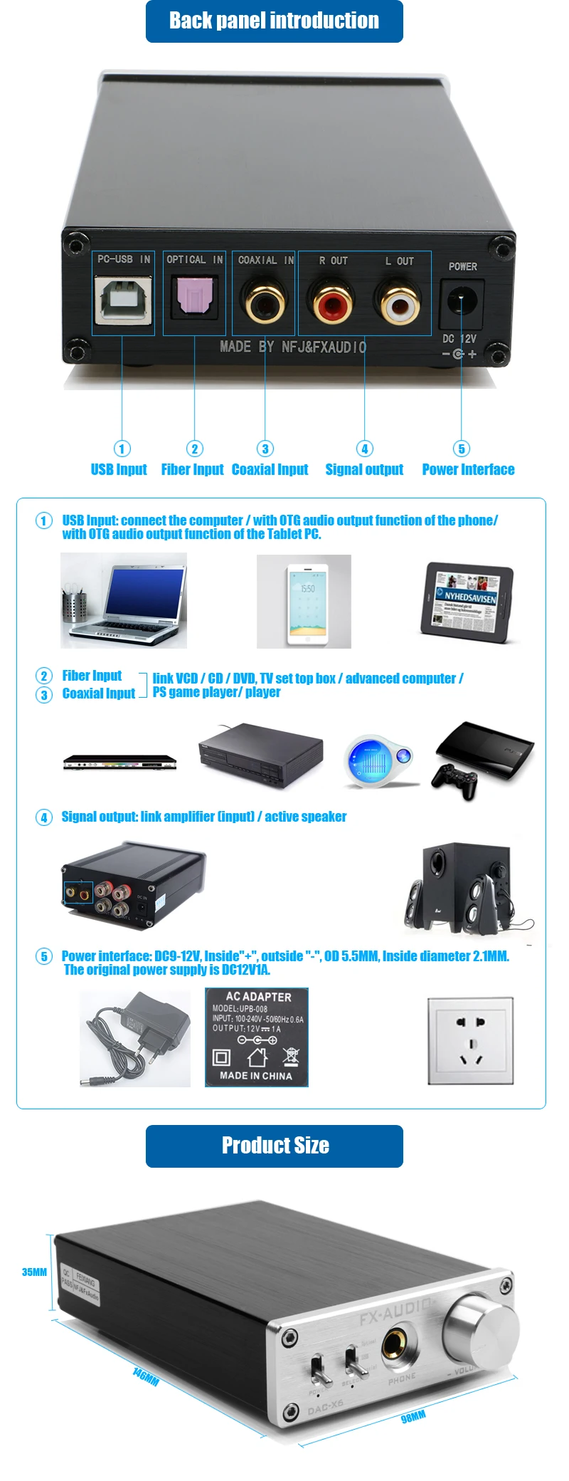 FX-AUDIO DAC-X6 HiFi 2,0 цифровой аудио декодер DAC вход USB/коаксиальный/оптический выход RCA/усилитель для наушников 24 бит/96 кГц DC12V