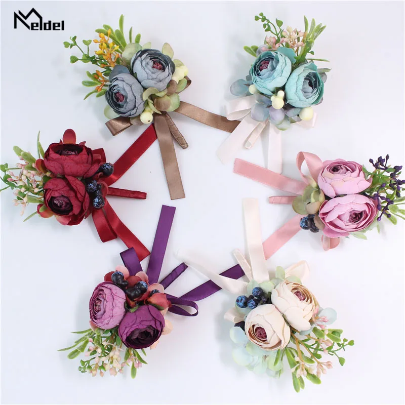 

Meldel Boutonniere Men Wedding Corsage Rustic Bridal Wrist Flowers Blue Burgundy Groomsmen Corsages Party Meeting Personal Decor