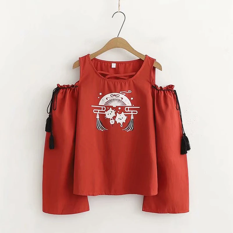 

Personality strapless flare sleeve t-shirt tee tops mori girl summer