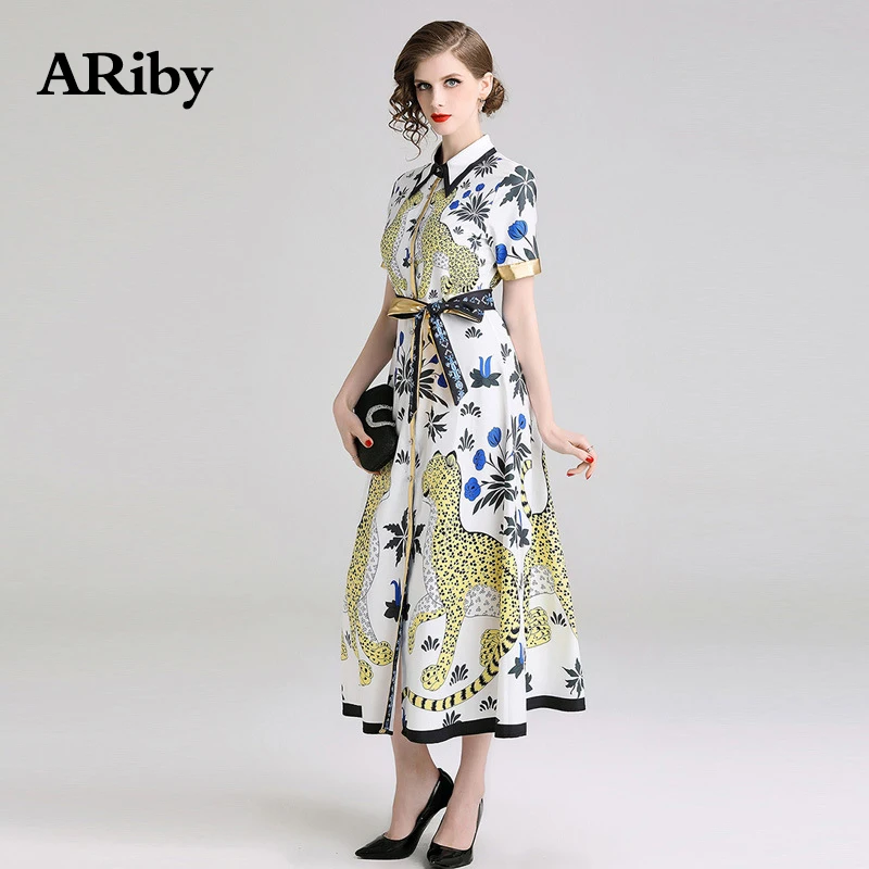 Women Dress Summer Turn-down Collar Dress 2019 New Casual Temperament Printing Single Row Buckle Short Sleeves A-Line Thin Dress