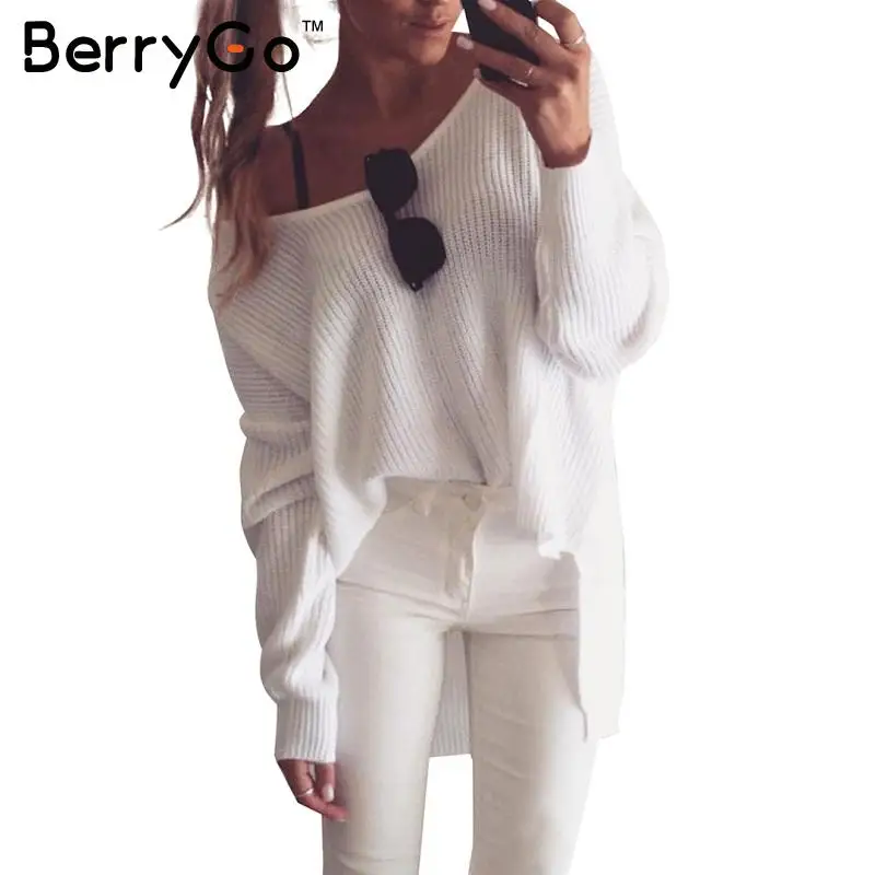 BerryGo Sexy off shoulder oversized knitted sweater Women brand black pullovers knitwear Autumn winter white jumper pull femme BerryGo Sexy off shoulder oversized knitted sweater Women brand black pullovers knitwear Autumn winter white jumper pull femme