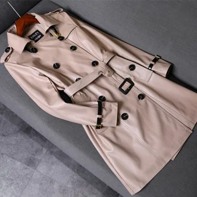 Дизайнерский хаки мягкий матовый кожаный классический стиль две линии кнопки с поясом для женщин леди осень зима узкий длинный плащ - Цвет: style B