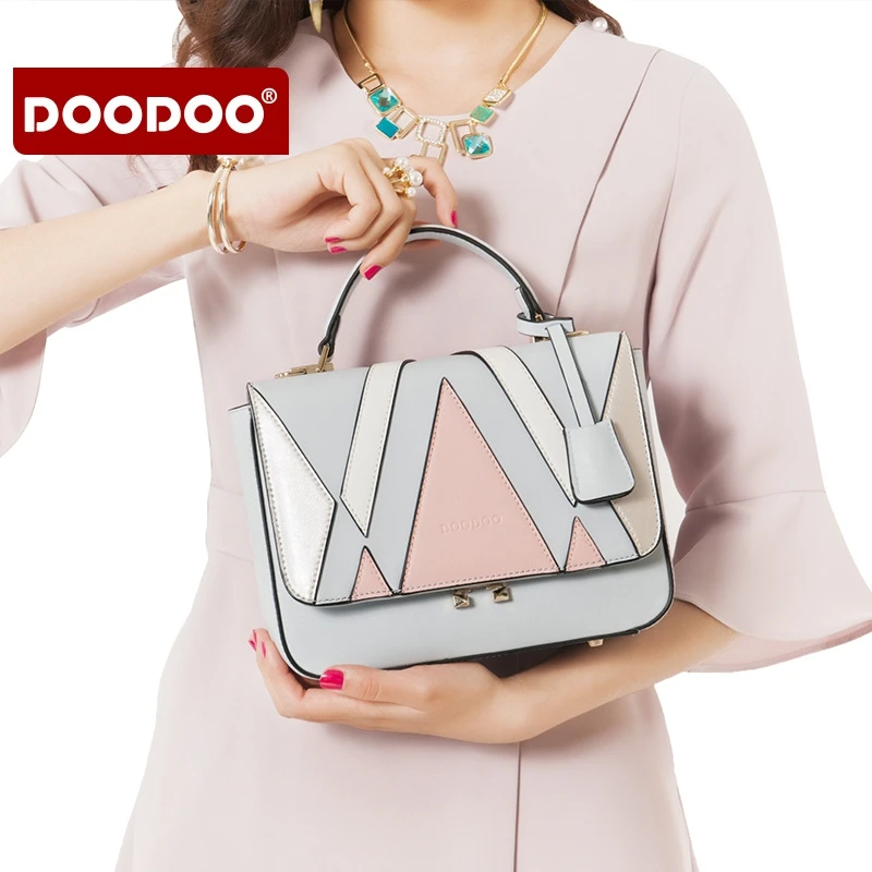 

DOODOO 2019 fashion women's handbag Sky blue plus white stitching Geometry Shoulder Messenger Bag PU Leather top-handle bags