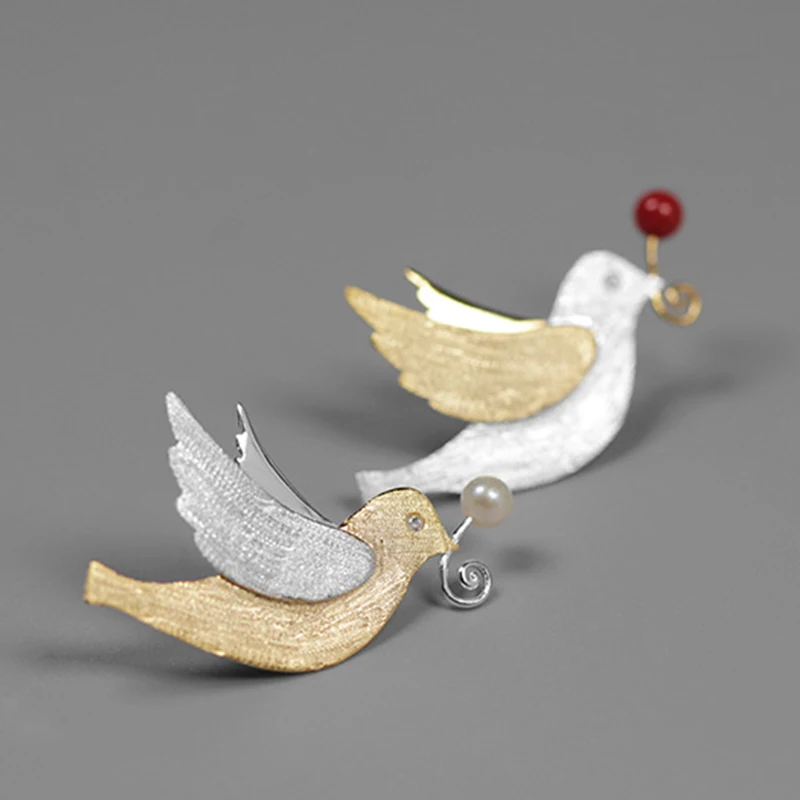 Lotus Fun реальные 925 пробы серебро ручной работы Fine Jewelry Творческий полет голубь с фруктами броши для Для женщин милый подарок