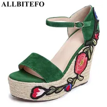 ALLBITEFO 2017 nuevas sandalias de verano de piel de oveja flores tacones altos cuñas plataforma del talón de las mujeres sandalias de moda sandalias de playa
