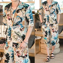 LOLDEAL Летний льняной костюм с короткими рукавами и короткими рукавами Укороченные брюки из хлопка