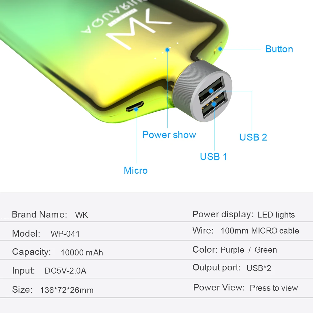 WK 10000 mAh power Bank Dual USB 5 V 2A портативная Быстрая зарядка Bateria Externa Movil 18650 Poverbank для Xiaomi Mi iPhone huawei