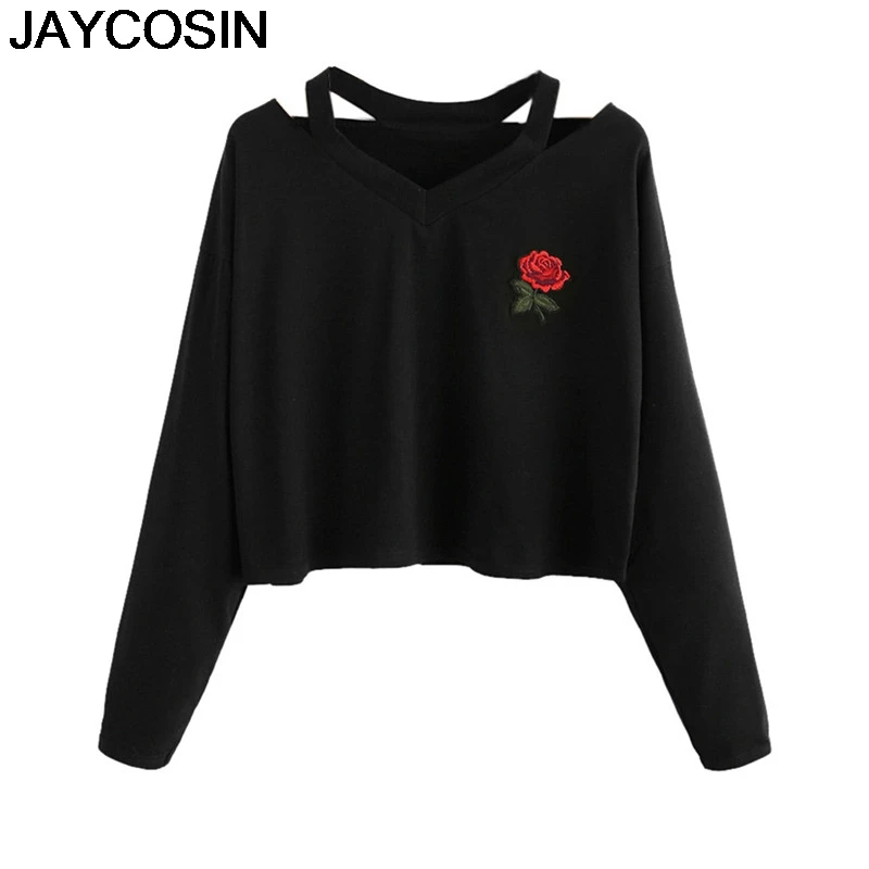 

JAYCOSIN 2019 New Autumn Winter Women Sweatshirt Rose Print V-Neck Long Sleeve Regular Casual Tops Black sudadera mujer jy12
