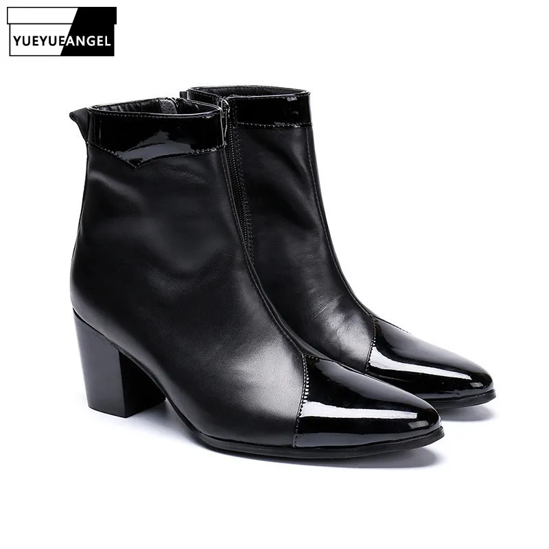 Italian Genuine Leather Men Ankle Boots Black Pointed Toe Fashion