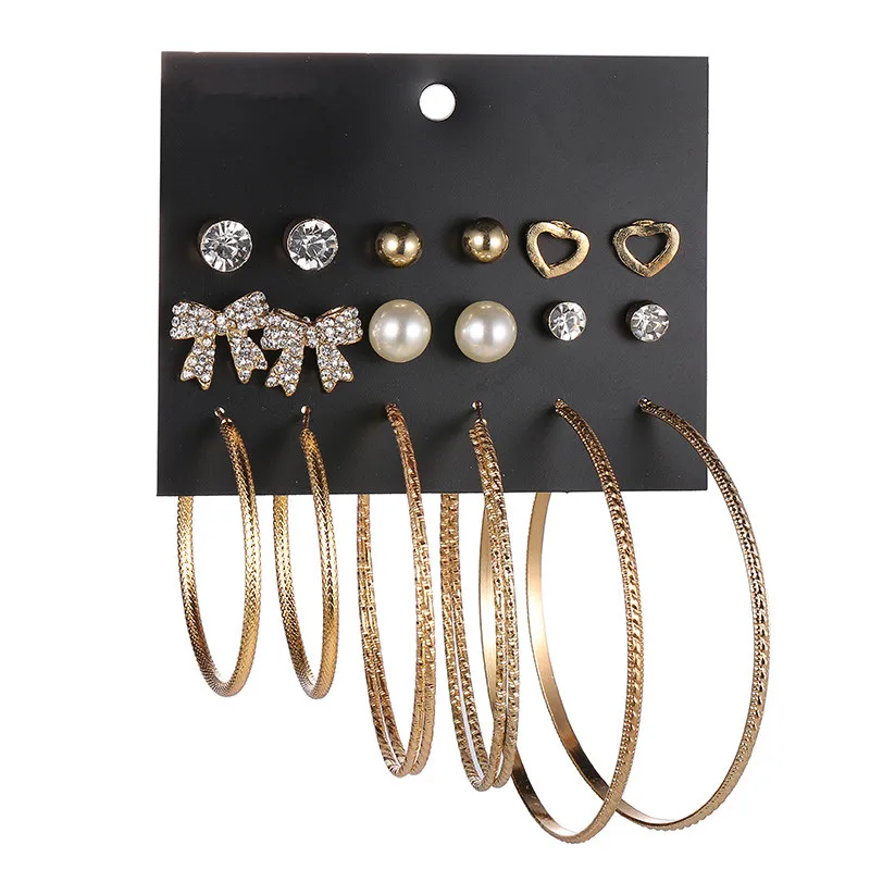 

YANG&RH Oversize Gold Color Big Circle Round Hoop Earrings Set For Women Crystal Stone CCB Heart Bow Pearl Earring Gift Brincos
