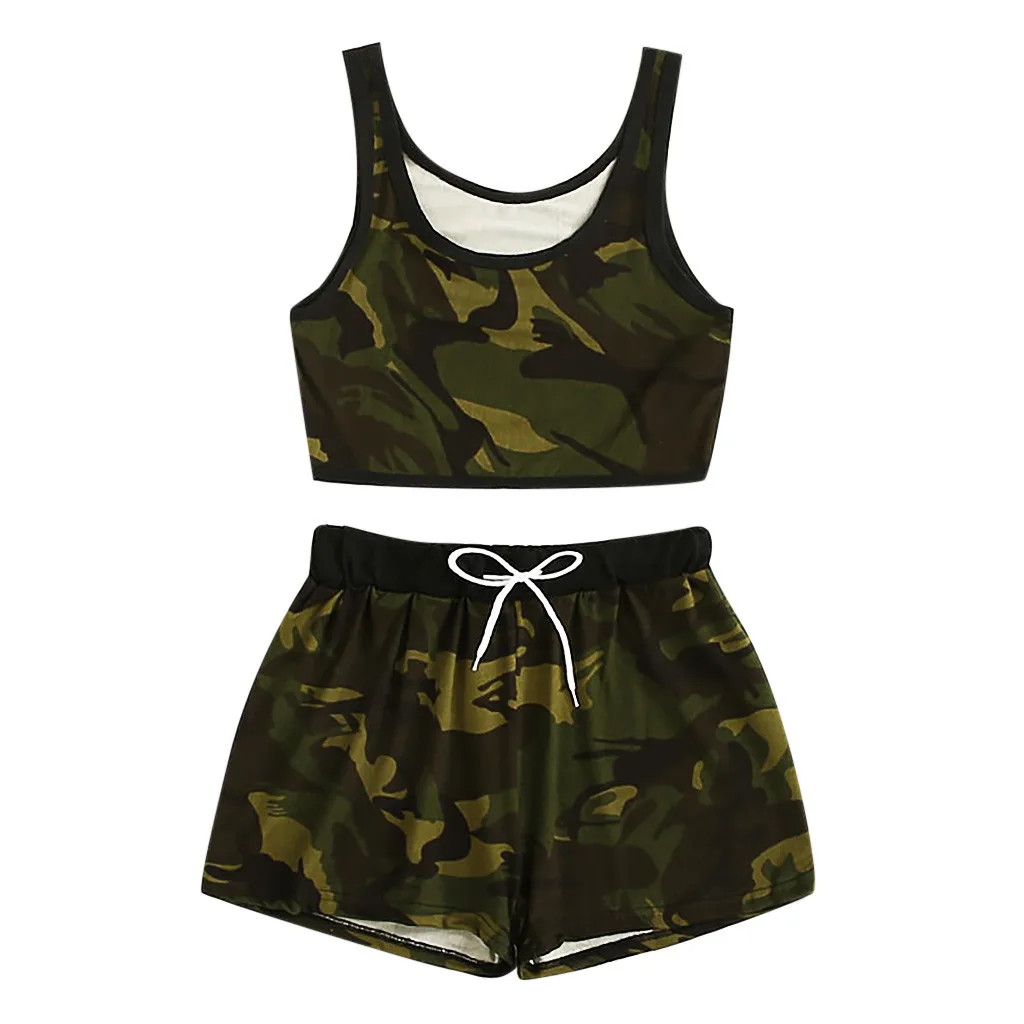 

JAYCOSIN Women Set Clothes Sexy Camouflage Two Piece Set Vest Top And Drawstring Short Pants Summer Casual Matching Sets 2019