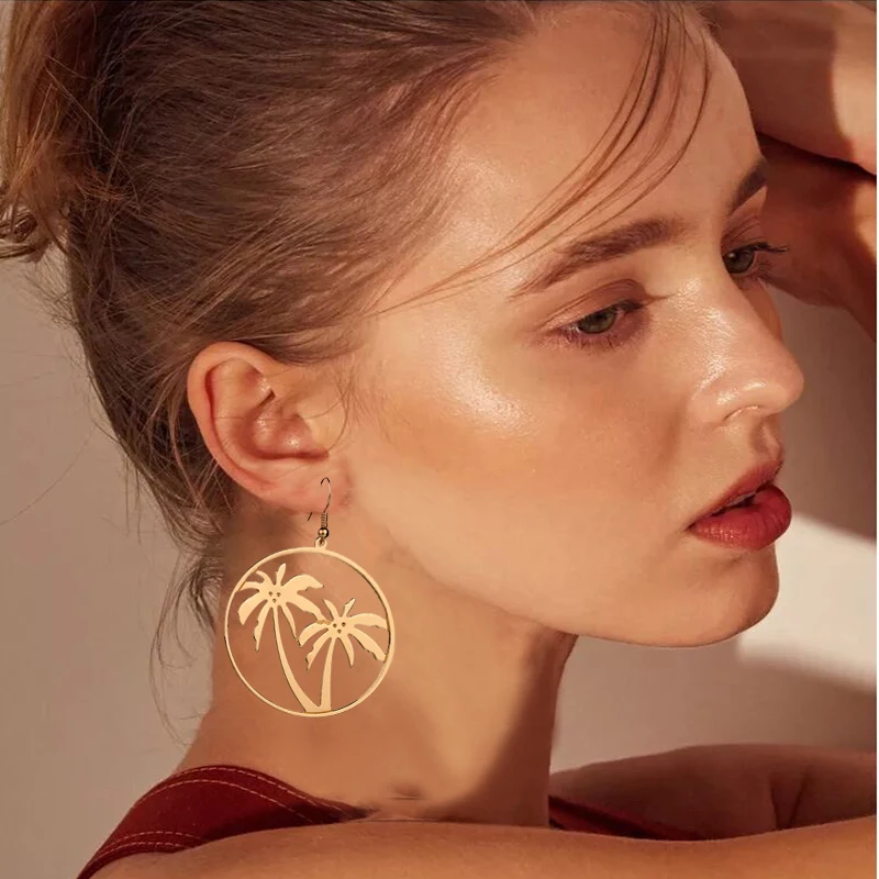 

MESTILO Fashion Gold Sliver Geometric Big Round Circle Earrings For Women Girl Large Hollow Coconut Palm Tree Long Drop Earrings