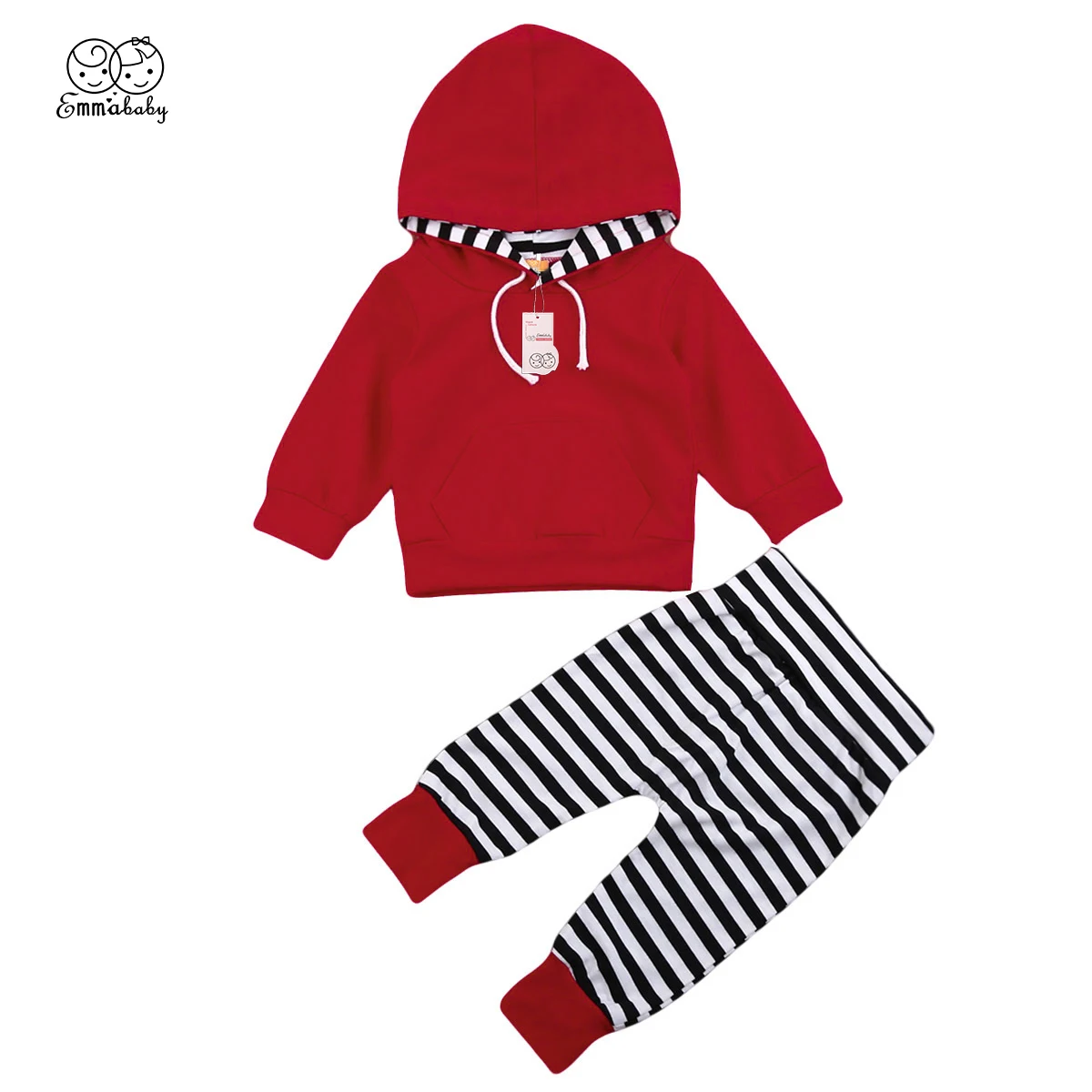 

New Fashion babies clothes set Toddler Infant Baby hooded red T-Shirt Top Long striped harem Pants cute kid Outfits Clothes Sets