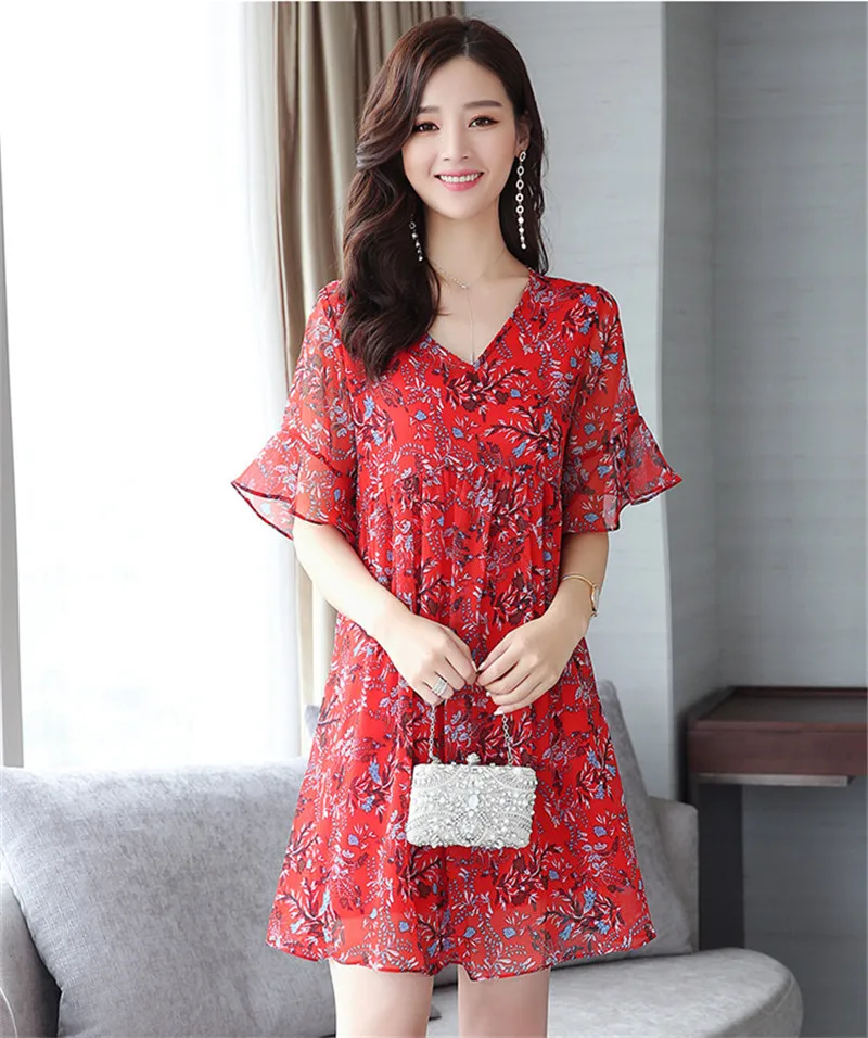 TEAEGG свободное платье Vestido Цветочное Femme шифоновое мини красное женская одежда 2020