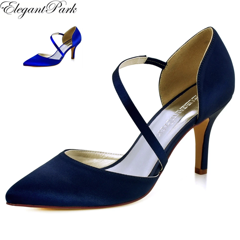 HC1711 NW Women's High Heel Wedding Bridal Shoes Navy Blue Pointy Satin Bride Lady Bridesmaid