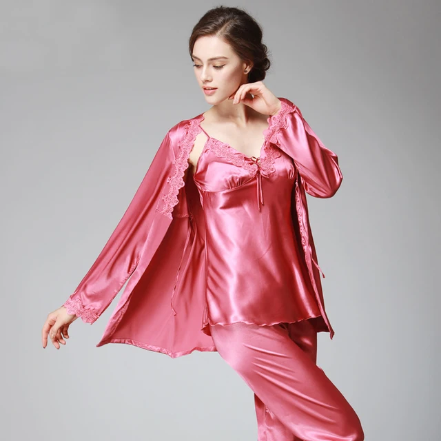 Ssh036 Lady Silk Satin Pajama Women Sexy 3 Pieces Pajama Set Sleepwear V Neck Top Full Sleeves 