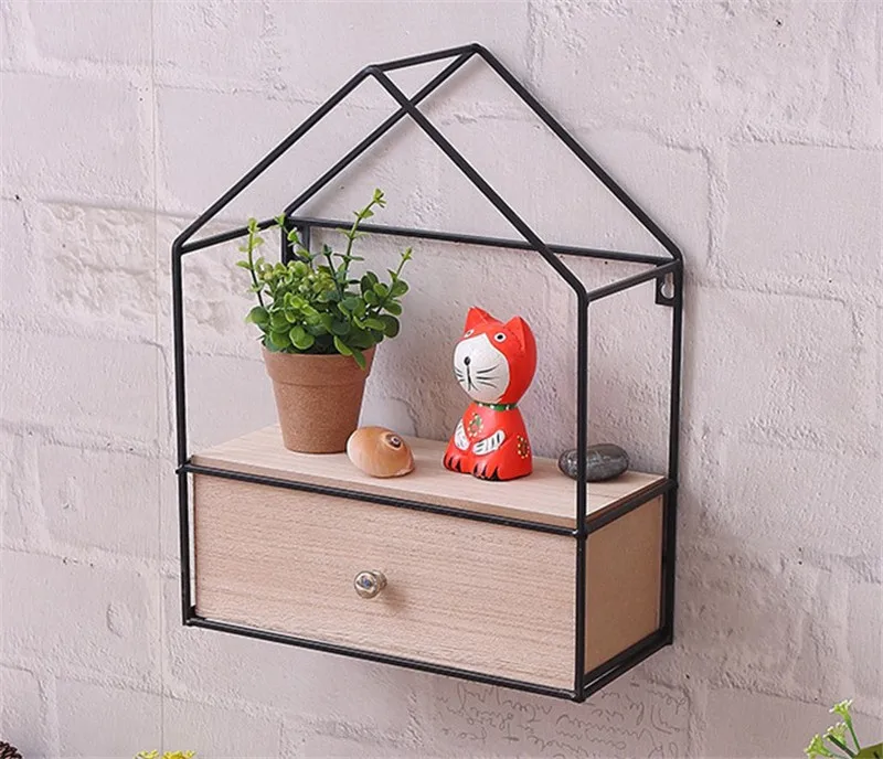 

Wooden Iron Wall Shelf Creative Triangular House Double/Single Drawer Wall Hanging Storage Rack Organizer For Bedroom Kitchen