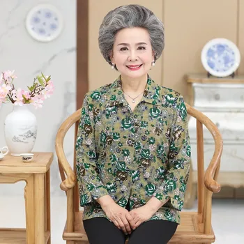 

Middle Aged Women Fashion 3/4 Sleeve Floral Printed Shirt Casual Turn-down Collar Blouse Elegant Female Tops Plus Size