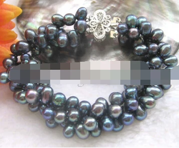 

FREE SHIPPING>>>@@ > 13402 Beautiful 8" 3row 7-8mm black freshwater pearl bracelet - GP clasp