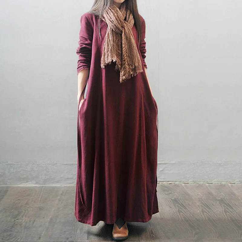 Осенне-зимнее женское винтажное повседневное Свободное длинное платье макси из хлопка и льна с длинным рукавом однотонная женская одежда размера плюс