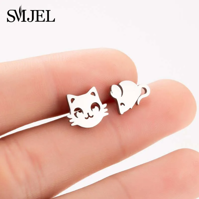 SMJEL/серьги-гвоздики из нержавеющей стали с Микки-кошкой для женщин, Детские асимметричные серьги, маленькие Мультяшные серьги с животными, ювелирные изделия для ушей - Окраска металла: mouse cat