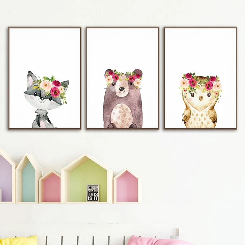 Watercolor Baby Animals Canvas Print Kids Room Decor