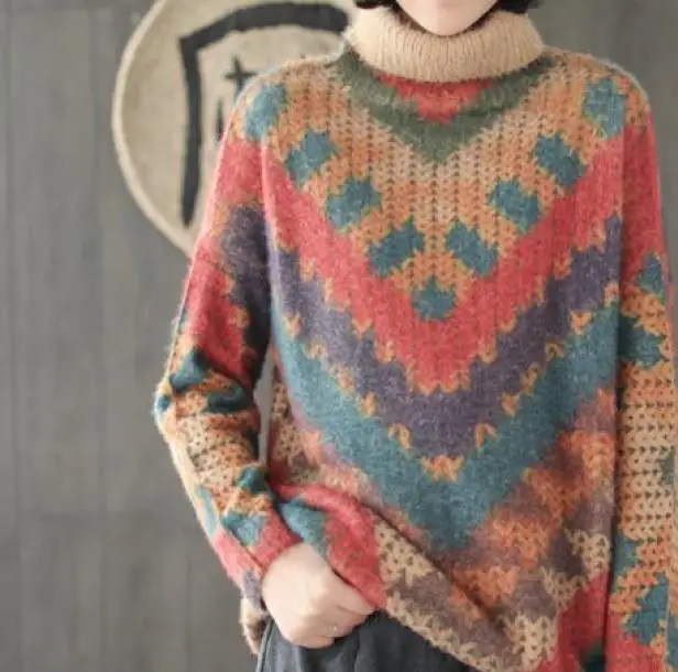 Johnature, Осень-зима, Модные Новые пуловеры, водолазка, женский свитер, Повседневный, свободный, подходит ко всему, длинный рукав, женский свитер - Цвет: Многоцветный