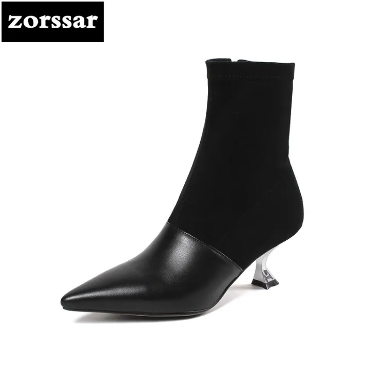 

{Zorssar} 2019 New High heel Women Boots winter cow suede Ankle Stretch Boots Female Warm Fur Plush Insole Botas Mujer Size 43