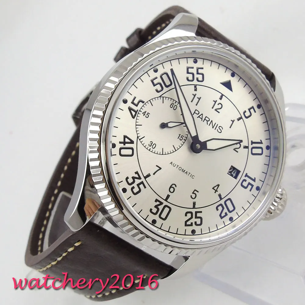 

45mm parnis White dial Complete Calendar Stainless Steel case ST 2555 Automatic Movement men's Mechanical Wristwatches
