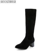 Осенне-зимние женские ботинки до колена Высокие сапоги пикантные толстые Женская обувь на высоком каблуке черного, серого, желтого цвета