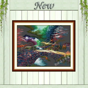 

Small bridge stream diy black cloth painting counted on canvas DMC 14CT 11CT unprinted Cross Stitch Embroider kit Needlework Set