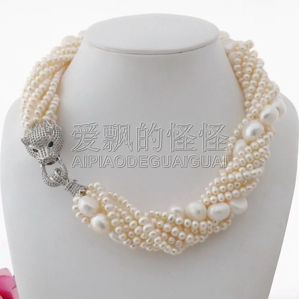 N090411 19" 9 Strands white Pearl Necklace Cz Pave Clasp
