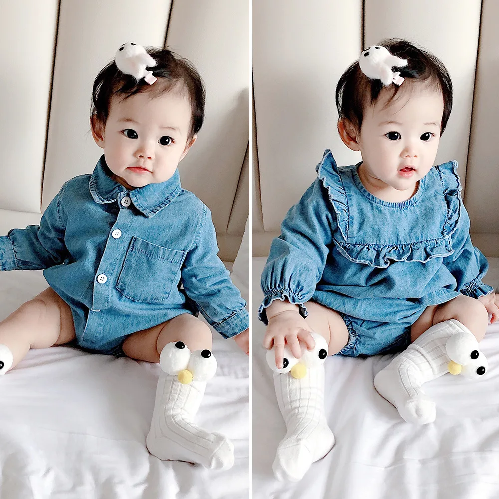 

Spring 2019 infant boys girls cotton long sleeve denim bodysuits 0-2 years baby cute all-match jumpsuits