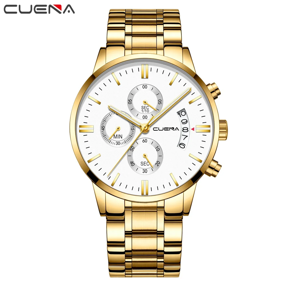 CUENA модные хронограф сталь часы для мужчин часы дисплей дата светящиеся кварцевые наручные часы Relogio Masculino Montre Homme - Цвет: gold white