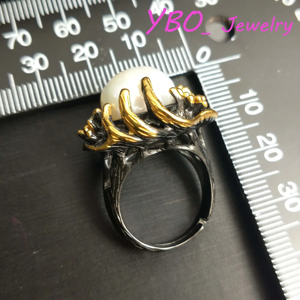 YBO, Big supper ring natural irregular pearl ring in 925 sterling silver with gold plated beautiful hand made hypebole big ring