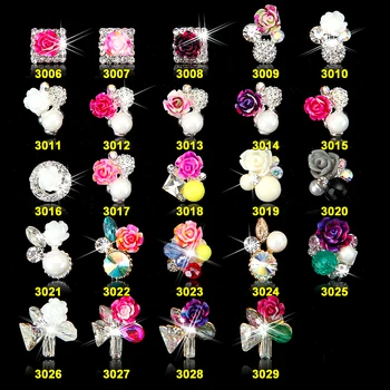 

100Pcs/Lot 3D Nail Art Pearls Rhinestones Decoration 24 Flower Designs DIY Nail Rhinestone Alloy Accessory Supplies 3006-3029