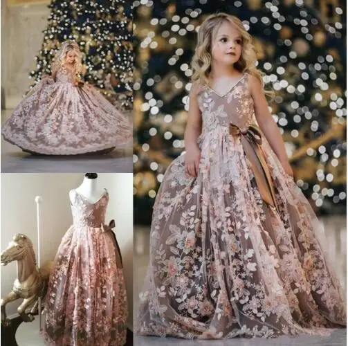 

New Girls Pageant Dress Kids Birthday Party Gown V Neck A Line Puffy Tulle Applique Flower Girl Dress for Wedding Custom Made