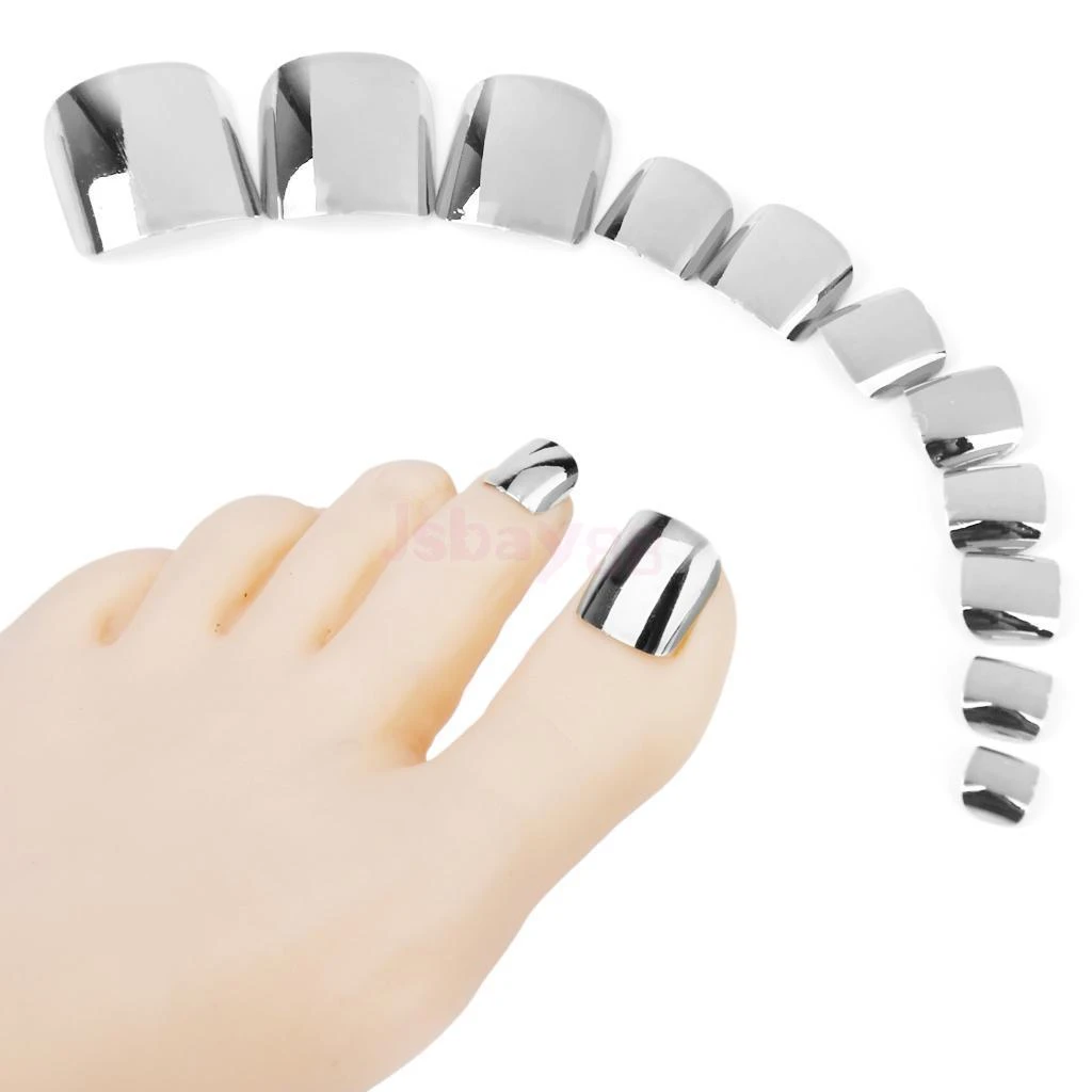 24 個の正方形ミラーアクリル爪つま先純銀メタリック偽偽フットネイルのヒントフルカバーデザインマニキュアツール N12 Fake Toenails Toenail Tipsfake Nails For Toes Aliexpress