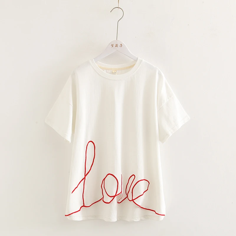 

Irregular letters embroidered students o-neck short sleeve loose T-shirt summer woman