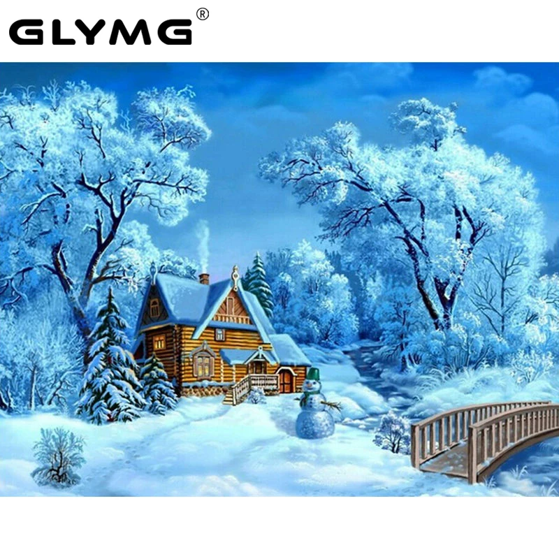 GLymg Needlework DIY Diamond Painting Beautiful Snow Winter Cabin Scenery Diamond Embroidery Full Square Drill Mosaic Picture
