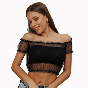 

Sleep top for women silk sexy cute black transparent grenadine with sweet polka dots hot slash neck top quality pajamas