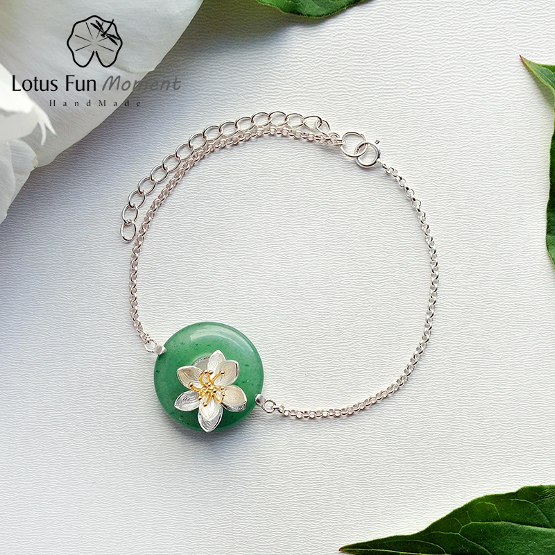 

Lotus Fun Moment Real 925 Sterling Silver Natural Stones Creative Handmade Fashion Jewelry Lotus Whispers Bracelet for Women