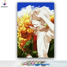 DIY цветные картинки по номерам с цветами подсолнечника поле мальчик Картина Рисунок Живопись по номерам Обрамленный дом