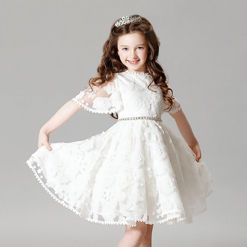 

2017 Fashion Summer Lace Embroidery Baby Girl Dress Elegant Princess Slim Solid Wedding Flower Girls Dress Prom Party Dress P18