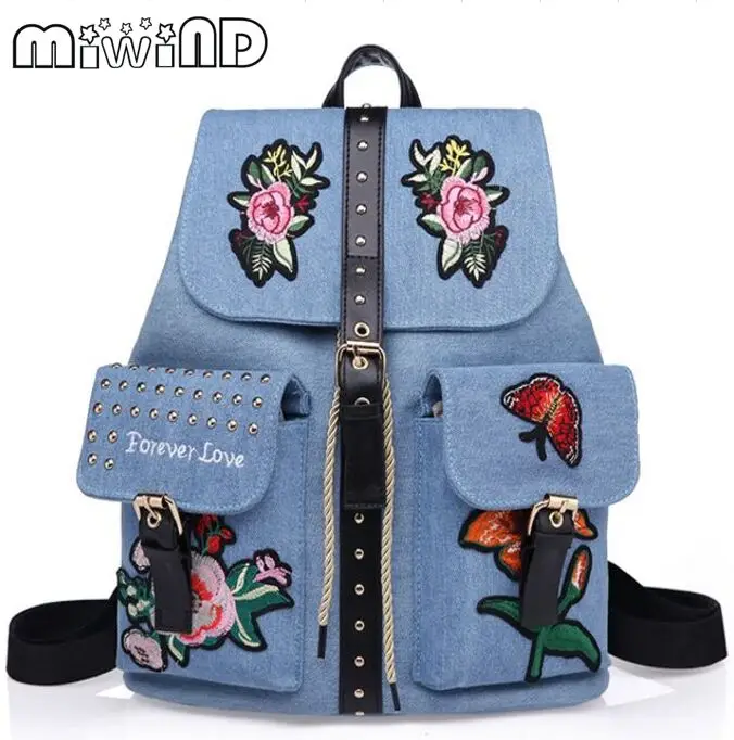 Miwind F Fashion new quality flowers embroidery backpack women s new belt buckle denim fabric travel
